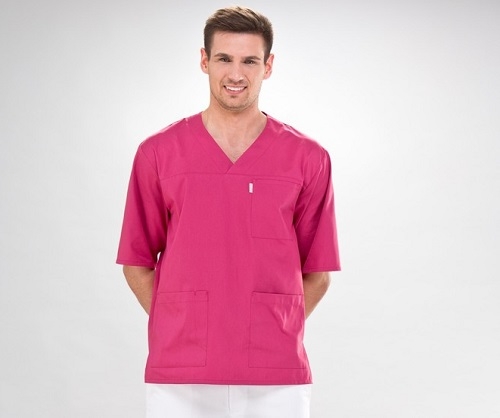 Short Sleeve V-Neck Medical Scrub Tunic For Men In Pink X- Small