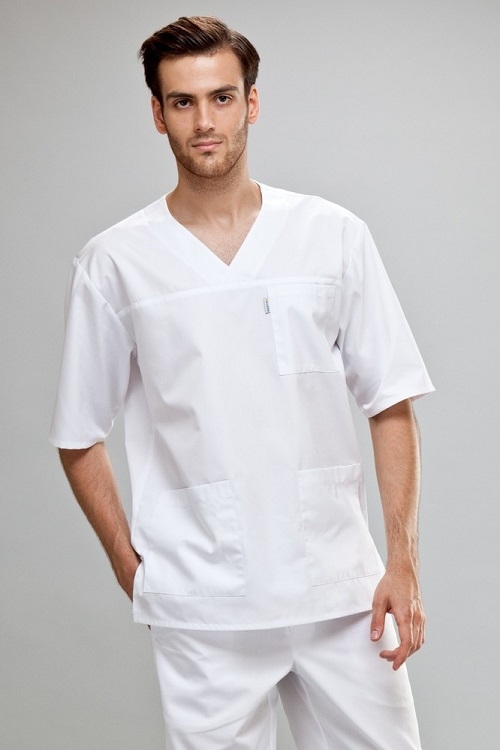 Short Sleeve V-Neck Medical Scrub Tunic For Men In White Small